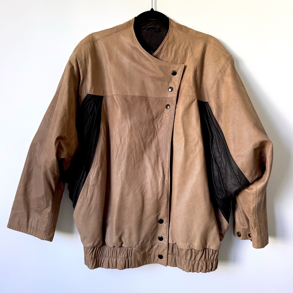 Mango Vintage Two Tone Leather Bomber Jacket - Size 6 - Picture 3 of 15